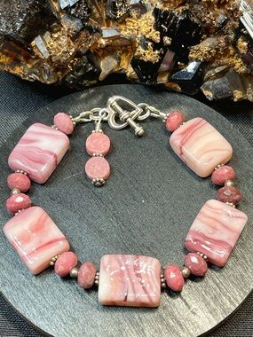 🌑 Sterling Silver Pink Glass Rhodonite 7” Artisan Handmade Bracelet 🌑